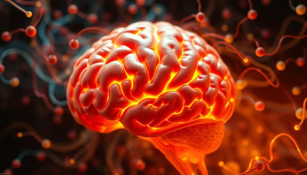 A close-up portrait of a human brain surrounded by swirling, colorful hormones and neurotransmitters. The brain is detailed and anatomically accurate, with a pulsing, vibrant energy. The hormones dance and flow around the brain, creating a dynamic, almost mesmerizing effect. The lighting is soft and warm, highlighting the intricate structures of the brain and the vivid hues of the hormones. The composition places the brain as the focal point, with the hormones framing and accentuating it. The overall mood is one of balance, interconnectedness, and the complex interplay between the brain, hormones, and the perception of hunger.