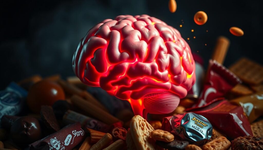 A close-up view of a human brain with a dopamine reward pathway highlighted in vibrant colors, surrounded by an array of various junk foods and snacks, casting a shadowy, alluring influence. The scene is set against a dimly lit, moody backdrop, conveying the powerful, addictive nature of the dopamine-food connection. The composition emphasizes the idea of the "dopamine trap" that can lead to overeating and food addiction, as described in the article's section title.