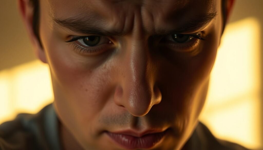 A close-up view of a person's face, their expression conveying a sense of confusion and uncertainty. The face is illuminated by warm, natural lighting, casting subtle shadows that emphasize the contours of the features. The person's brow is furrowed, their eyes narrowed as they ponder the difference between physical hunger and emotional cravings. The background is slightly blurred, allowing the viewer to focus on the nuanced expression and the internal dialogue playing out on the person's face. The overall mood is one of contemplation and self-reflection, hinting at the complex interplay between the body's physiological needs and the mind's emotional responses.