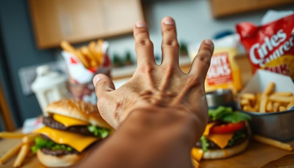 A close-up view of a person's hand reaching towards a selection of highly processed, calorie-dense foods such as burgers, fries, and sugary snacks. The image is captured in warm, natural lighting, with a shallow depth of field that focuses the viewer's attention on the central hand and food items. The background is slightly blurred, but suggests a domestic kitchen or dining setting, hinting at the comfort and familiarity of these problematic food choices. The overall tone conveys a sense of compulsion and lack of control, reflecting the psychological factors that can contribute to food addiction.