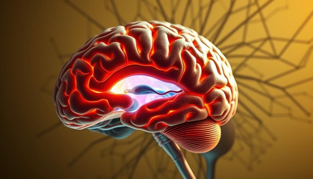 A detailed cross-section of the human brain, highlighting the reward circuit. The foreground depicts the limbic system, with the nucleus accumbens and ventral tegmental area glowing brightly, representing the neural pathways activated by the consumption of highly palatable, ultra-processed foods. The middle ground showcases the prefrontal cortex and its connections, suggesting the complex interplay between impulse control and reward-seeking behavior. The background is a muted, anatomical rendering of the brain's intricate network, emphasizing the deep-rooted nature of this feedback loop. The scene is illuminated by a warm, natural light, creating a sense of scientific exploration and understanding. The overall mood is one of fascination and insight into the biological mechanisms that drive our cravings for calorie-dense, nutrient-poor foods.