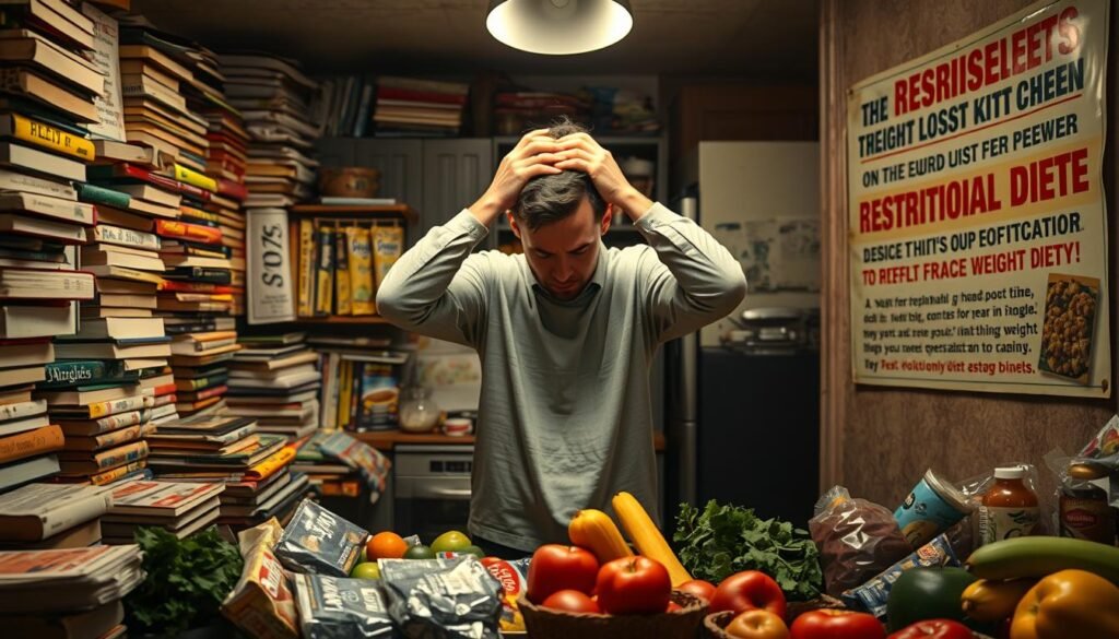 A dimly lit kitchen, cluttered with traditional diet books, overflowing with contradictory advice. In the foreground, a frustrated individual stands amid the chaos, hands grasping their head in exasperation. The middle ground features an array of unhealthy, processed foods, a stark contrast to the fresh produce that should be the focus. In the background, a faded, outdated poster promotes a restrictive weight-loss program, its promises of quick fixes now ringing hollow. The scene conveys the limitations and disappointments often associated with traditional dieting approaches, setting the stage for a more holistic, mindful approach to weight management.