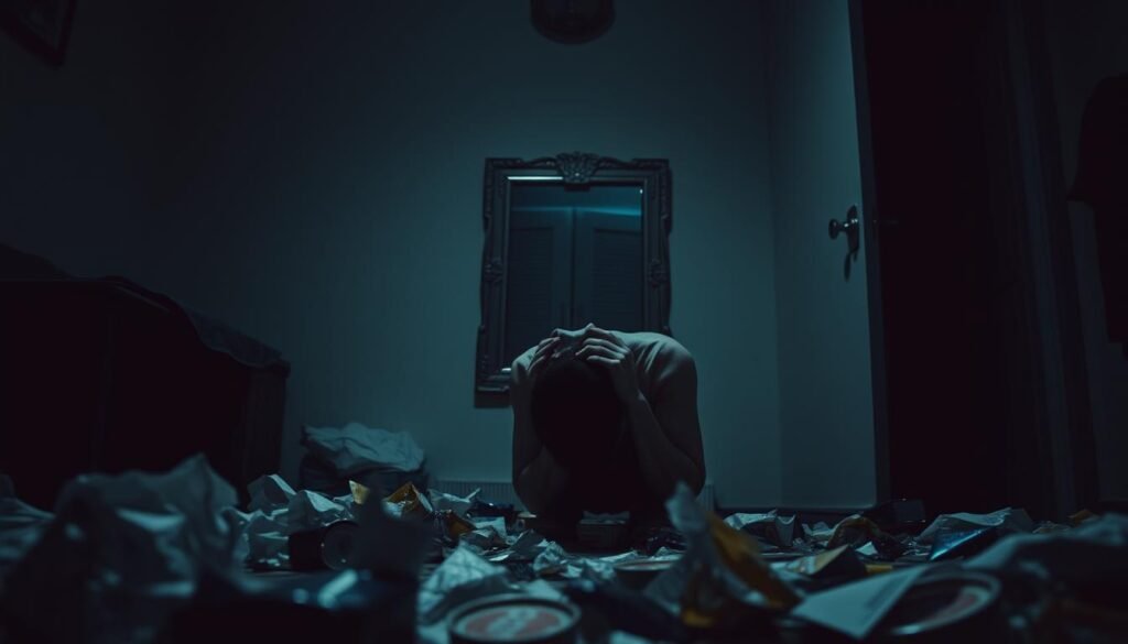 A dimly lit room, the air heavy with unease. In the foreground, a person hunched over, consumed by the compulsive need to consume, their face obscured by shadows. Surrounding them, discarded wrappers and empty containers, a visual representation of the internal turmoil. In the middle ground, a distorted mirror reflects a distorted self-image, a warped perception of reality. The background fades into a hazy, dreamlike state, symbolizing the disconnect from the present moment. Soft, muted colors and a low-key lighting setup convey a sense of melancholy and isolation, while the camera angle emphasizes the subject's vulnerability and the overwhelming nature of their disorder.