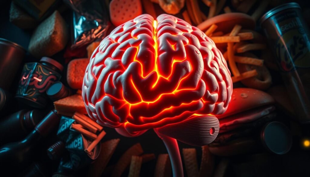 A mesmerizing, hyper-detailed close-up view of a human brain, its intricate folds and neural pathways illuminated, surrounded by a halo of processed food items - sugary snacks, salty chips, greasy burgers, and fizzy drinks. The brain appears to be in a state of heightened activity, its synapses firing rapidly, suggesting the powerful neural response triggered by these highly palatable, nutrient-poor "ultra-processed" foods. The scene is lit from above, casting dramatic shadows that accentuate the brain's anatomy and the alluring, yet potentially addictive, nature of the junk food items. The overall mood is one of scientific fascination and cautionary contemplation, inviting the viewer to ponder the complex relationship between our modern diet and the health of our most vital organ.
