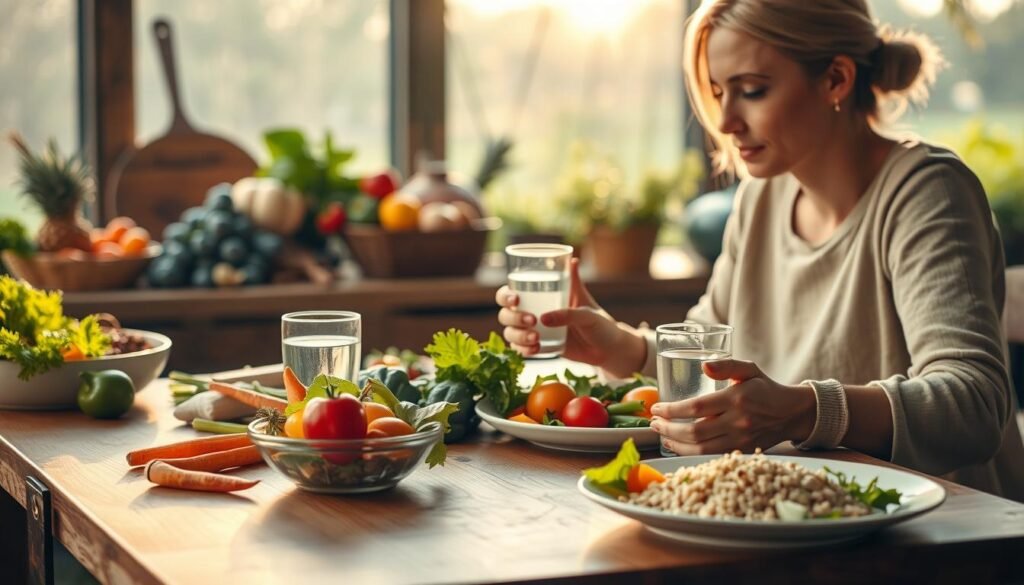 A serene and thoughtful scene of conscious eating. In the foreground, a person sitting at a table, mindfully savoring a meal of fresh, vibrant vegetables, whole grains, and a glass of water. The lighting is soft and warm, creating a contemplative atmosphere. In the middle ground, an array of seasonal produce and kitchen tools, hinting at the connection between food, preparation, and mindfulness. The background features a calming, natural setting - perhaps a kitchen garden or a serene outdoor space - reinforcing the theme of reconnecting with our bodies and the earth. The overall mood is one of balance, introspection, and a renewed appreciation for the nourishment we consume.