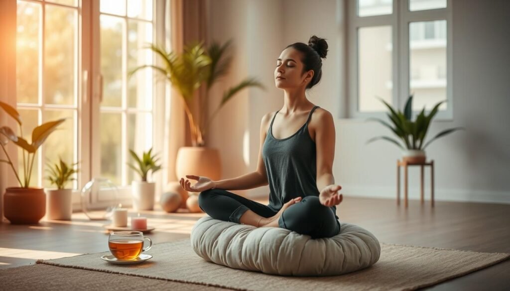 A serene and tranquil scene of a person practicing mindfulness and stress management techniques. In the foreground, a person sits cross-legged on a plush meditation cushion, their eyes closed and expression peaceful. Soft natural lighting filters through large windows, casting a warm glow on the scene. In the middle ground, a collection of calming elements such as potted plants, scented candles, and a cup of herbal tea create a soothing ambiance. The background features a minimalist, Zen-inspired interior design with neutral tones and clean lines, conveying a sense of balance and harmony. The overall atmosphere is one of relaxation, introspection, and a strong connection between the mind and body.