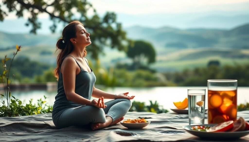 A serene, contemplative scene depicting the psychology of weight loss. In the foreground, a person sits cross-legged, eyes closed, deep in meditation. They are surrounded by natural elements - lush greenery, a tranquil pond, and a soft, diffuse lighting that creates a calming atmosphere. In the middle ground, healthy snacks and a glass of water symbolize mindful eating habits. The background features a serene landscape, with rolling hills and a vast, open sky, conveying a sense of inner peace and balance. The overall composition evokes a visual metaphor for the power of the mind to shape the body, reflecting the article's subject of psychological strategies for overcoming compulsive eating.