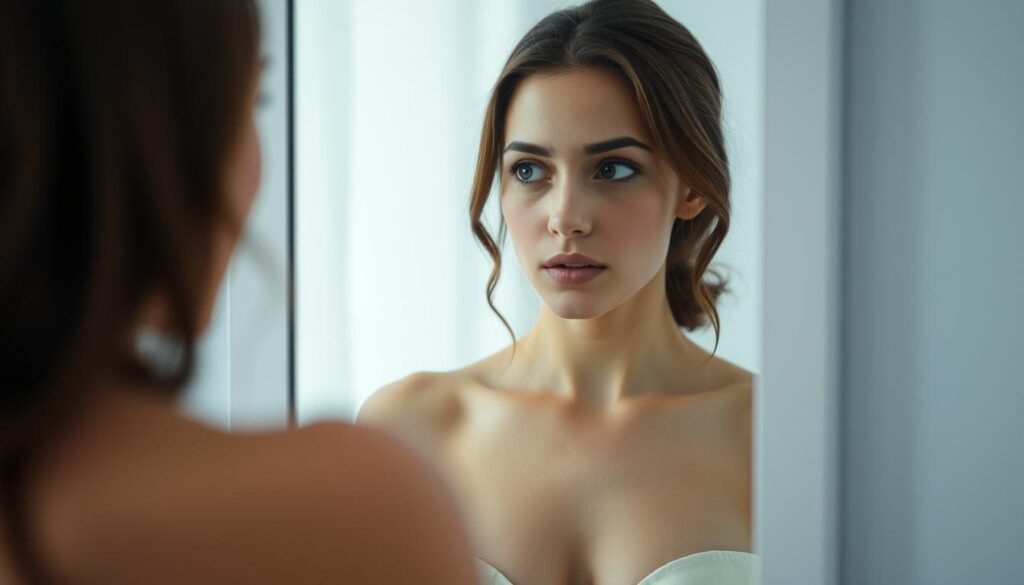 A serene, introspective portrait of a woman gazing into a mirror, reflecting on her inner self-worth and outward physical form. Soft, diffused lighting illuminates her pensive expression, highlighting the connection between her body image and self-esteem. The mirror's surface blurs the edges, creating a dreamlike, ethereal atmosphere that invites the viewer to contemplate the delicate balance between how we see ourselves and how we are perceived. Neutral tones and minimal background elements allow the subject's emotional journey to take center stage, conveying the profound, personal nature of this exploration of "autoestima e imagem corporal".
