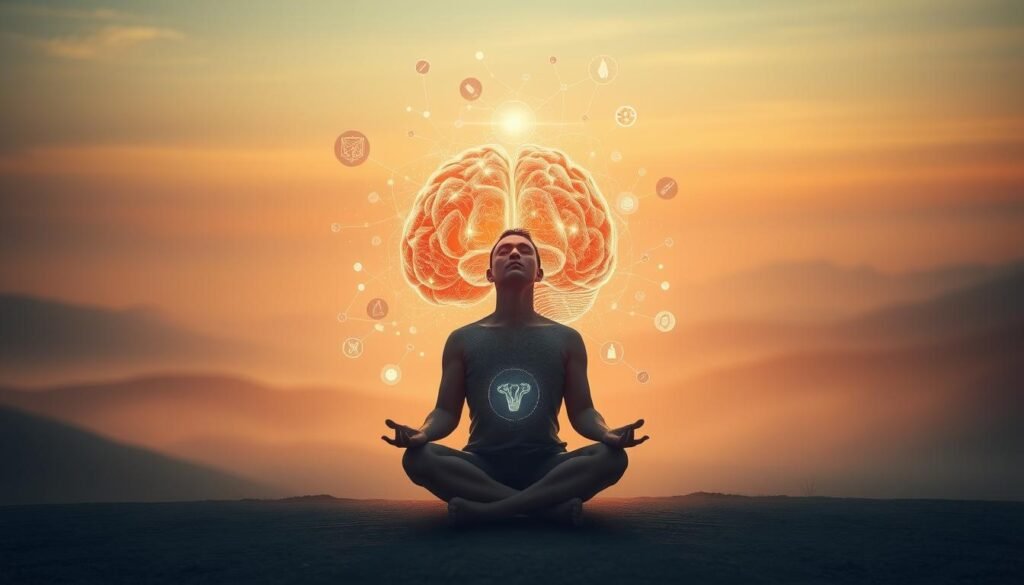 A serene, meditative scene of a person's mind being reprogrammed for lasting weight loss. In the foreground, a figure sits cross-legged, eyes closed, surrounded by glowing neural pathways and symbols of mental transformation. The middle ground features a visualization of the subconscious mind, with abstract shapes and colors swirling and reforming. In the background, a soft, hazy landscape with gentle hills and a calming sky, suggesting the tranquil, introspective nature of the mental reprogramming process. Warm, natural lighting casts a soothing glow over the entire scene, evoking a sense of inner peace and focused intention. A high-resolution, detailed image with a cinematic, dreamlike quality.