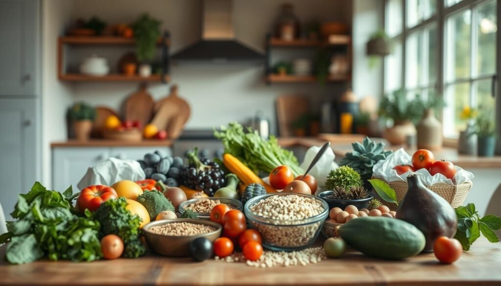 A serene, mindful kitchen setting with an abundance of fresh, wholesome ingredients arranged in a visually appealing manner. The foreground features an array of organic produce - vibrant vegetables, ripe fruits, and hearty grains - neatly placed on a wooden table. In the middle ground, a person's hands gently handling the ingredients, conveying a sense of care and intention. The background softly blurs, emphasizing the focus on the present moment and the act of conscious, meaningful nourishment. Soft, natural lighting filters through large windows, creating a warm, inviting atmosphere. The overall scene exudes a sense of balance, simplicity, and a deep appreciation for the journey of sustainable, mindful eating.