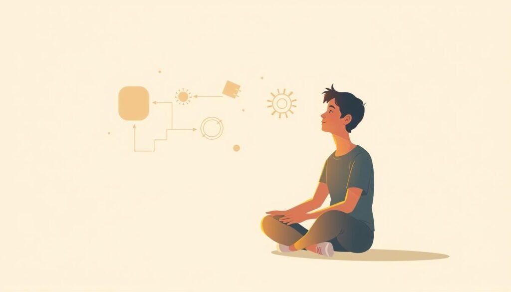A serene, minimalist illustration of cognitive-behavioral therapy. In the foreground, a person sits cross-legged, deep in contemplation, their face tranquil and thoughtful. Warm, soft lighting illuminates their relaxed posture, suggesting an atmosphere of introspection and self-awareness. In the middle ground, abstract shapes and patterns symbolize the cognitive processes and behavioral patterns being explored. The background is a calming, neutral palette, allowing the central figure and conceptual elements to take center stage. The overall tone is one of introspection, growth, and the transformative power of cognitive-behavioral approaches to reshape one's self-perception and inner landscape.