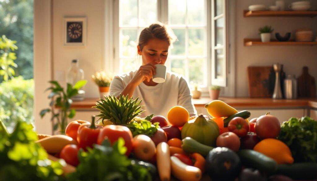 A serene, sun-dappled kitchen scene with a central figure sitting at a wooden table, thoughtfully sipping a cup of tea. In the foreground, an array of fresh, vibrant fruits and vegetables, symbolizing the interconnectedness of mental wellbeing and nutritious eating habits. In the background, a softly blurred window overlooks a lush garden, conveying a sense of calm and mindfulness. The lighting is warm and natural, casting gentle shadows that add depth and dimension to the composition. The overall mood is contemplative and introspective, inviting the viewer to ponder the relationship between our minds and our diets.