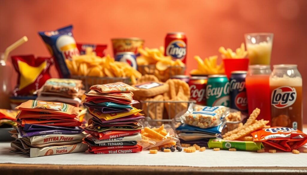 A table overflowing with a decadent array of highly processed, sugar-laden, and artificially flavored foods. In the foreground, a stack of colorful, packaged snacks and treats, their glossy wrappers gleaming under warm, theatrical lighting. In the middle ground, towering piles of crispy, salty chips, glistening with oil, and sugary, carbonated beverages in vibrant hues. The background fades into a hazy, dreamlike blur, emphasizing the seductive, almost hypnotic allure of these "ultra-processed" culinary creations, designed to hijack our brain's reward pathways and keep us craving more.