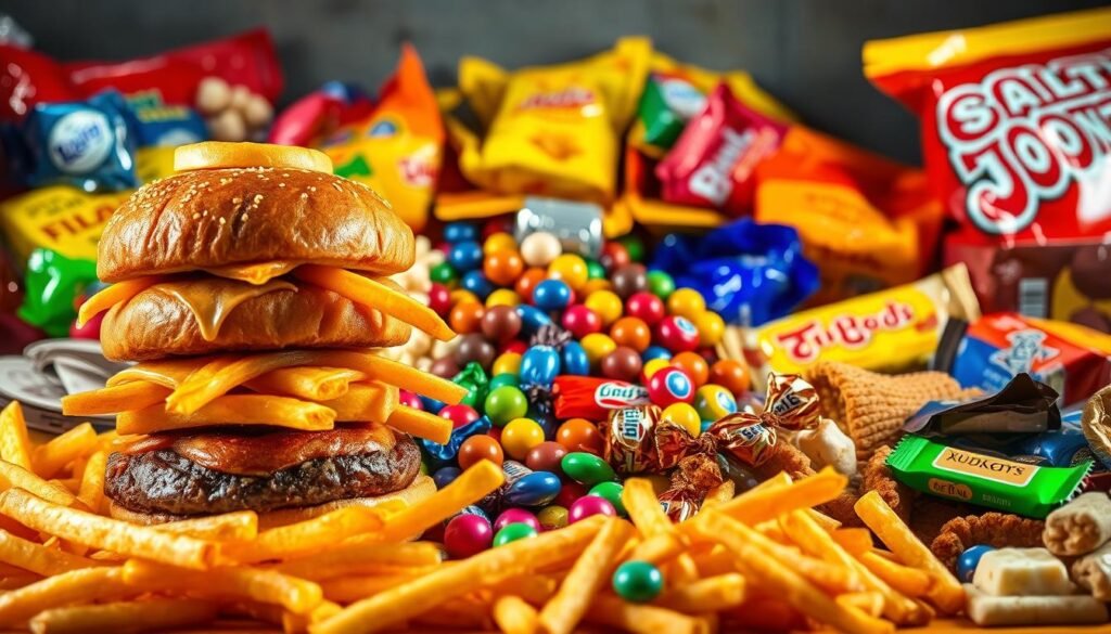 A tantalizing array of highly processed, calorie-dense foods fills the frame. In the foreground, a stack of glistening, golden-brown french fries sits alongside a towering burger, the bun glistening with a sugary glaze. In the middle ground, a jumble of colorful, foil-wrapped candies and chocolate bars beckons, while in the background, a selection of salty, crunchy snacks in bold, eye-catching packaging seems to loom large. The lighting is warm and inviting, casting a soft, alluring glow over the scene, hinting at the powerful hold these "ultra-processed" foods can have on the brain's reward centers. The overall atmosphere evokes a sense of temptation and indulgence, capturing the seductive nature of these highly engineered, addictive edibles.