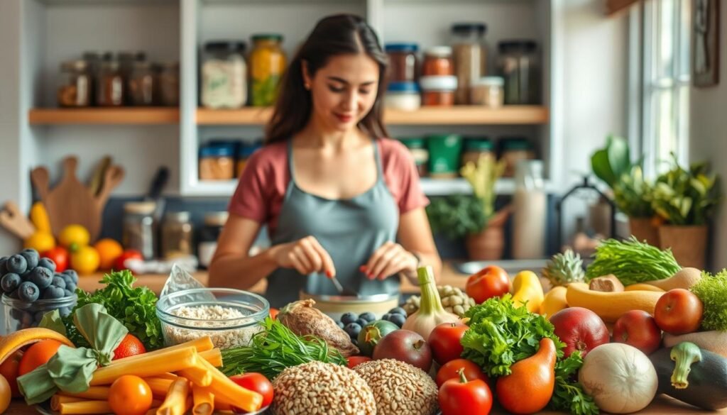 A tranquil kitchen scene with a range of vibrant, nourishing ingredients on the countertop. In the foreground, a variety of whole foods such as fresh produce, whole grains, and lean proteins are artfully arranged, conveying a sense of balance and abundance. The middle ground features a person carefully preparing a healthy meal, their expression serene and focused. The background showcases a well-stocked pantry, with shelves filled with jars and containers of wholesome, unprocessed foods. Warm, natural lighting filters through the window, creating a cozy, inviting atmosphere that encourages mindful, nourishing eating habits. The overall scene emanates a sense of calm, control, and a positive relationship with food.