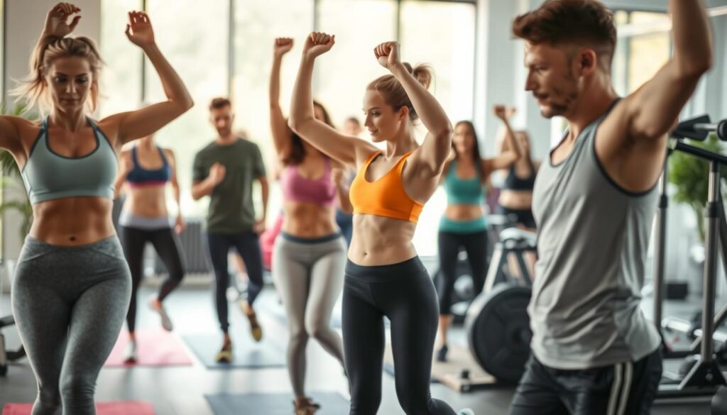A vibrant, dynamic scene of people engaged in various physical exercises, with a focus on the connection between physical activity and weight loss. The foreground features individuals performing exercises like yoga, weightlifting, and cardio, their bodies in motion and expressions focused. The middle ground showcases a range of exercise equipment and fitness accessories, creating a sense of an active, well-equipped gym or workout space. The background gently blurs, hinting at a modern, light-filled environment with clean lines and natural elements like plants or windows, conveying a sense of wellness and rejuvenation. The overall mood is one of energy, vitality, and the profound impact of physical activity on the mind and body.