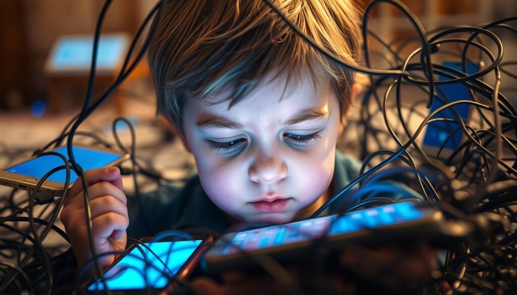 A young child surrounded by a tangled web of digital devices, their eyes glued to the screens, lost in a hyper-connected world. The foreground depicts the child's face, their expression a mix of fascination and unease, the blue glow of the devices casting an ethereal light. The middle ground showcases the intricate network of cables, smartphones, and tablets, creating a sense of overwhelming connectivity. The background is blurred, hinting at the outside world that the child has become disconnected from. The scene is illuminated by a soft, warm light, creating a dreamlike atmosphere that underscores the complex relationship between children and technology.