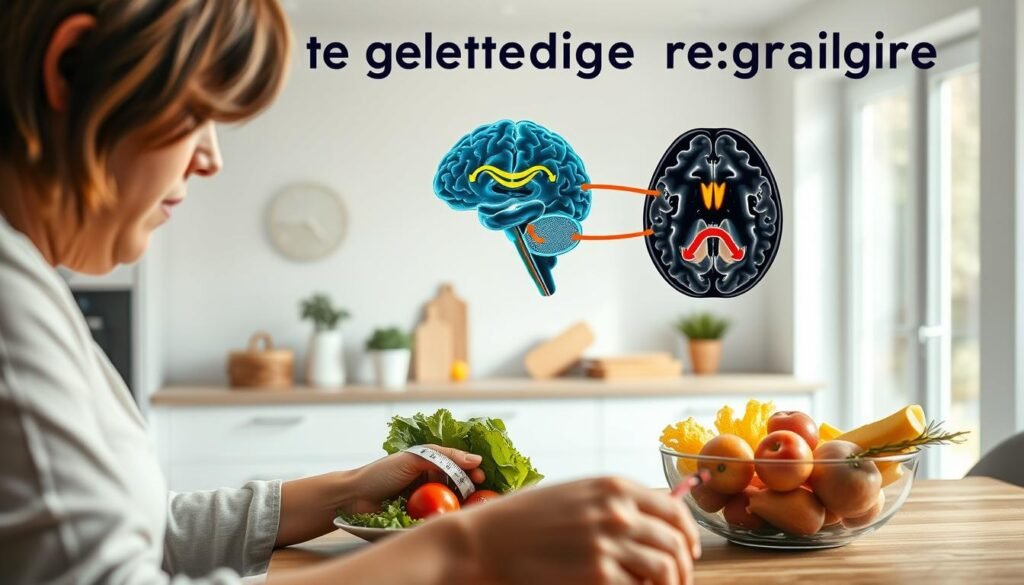 Detailed and thoughtful image of strategies for regulating the dopaminergic response to food. Foreground shows a person carefully measuring and portioning their meals, with a variety of healthy, whole foods visible. Middle ground depicts a brain scan, highlighting the dopamine reward pathways. Background features a serene, minimalist kitchen setting with plenty of natural light, conveying a sense of control and mindfulness. Warm, calming color palette. Realistic, high-resolution, photographic style.