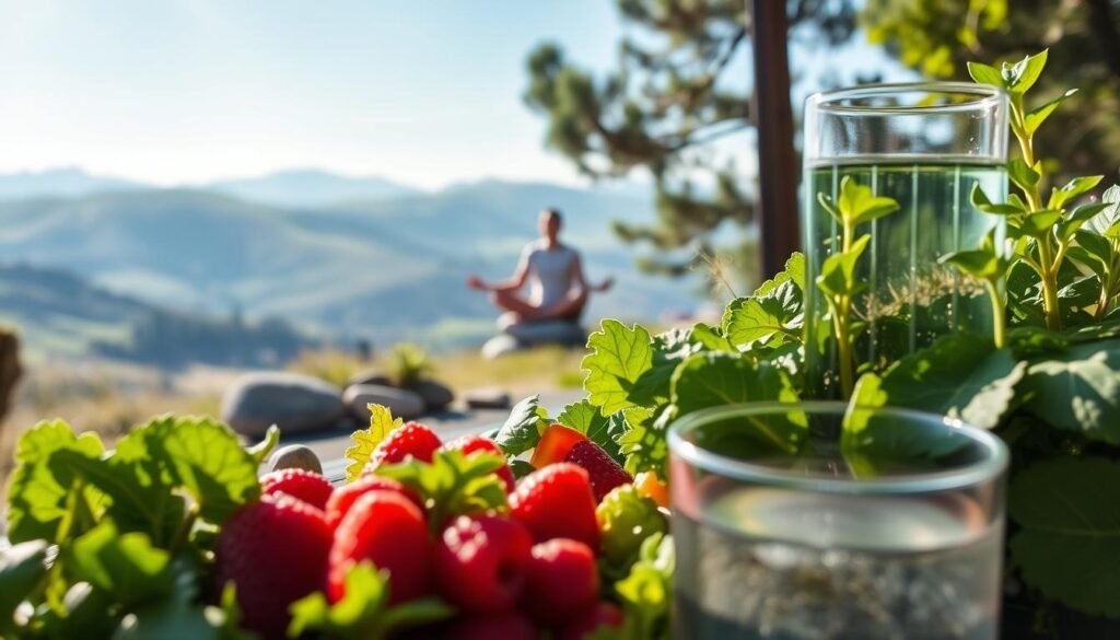 Lush organic produce in the foreground, with a vibrant green salad, fresh berries, and a glass of water. In the middle ground, a person sitting cross-legged, meditating and focusing on their breathing, surrounded by calming natural elements like plants and stones. The background features a serene landscape with rolling hills, a clear blue sky, and gentle sunlight filtering through the trees, creating a sense of peace and balance. The overall mood is one of mindfulness, healthy nutrition, and the harmonious regulation of dopamine levels.