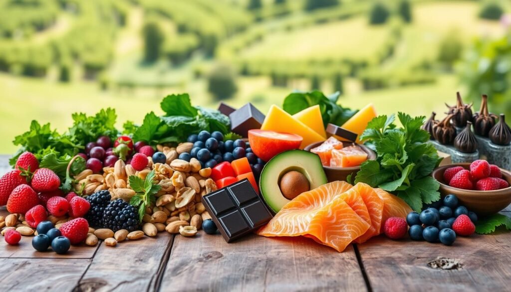 A bountiful display of vibrant, brain-nourishing foods arranged on a rustic wooden table. In the foreground, an assortment of berries, nuts, and leafy greens - the cornerstones of a brain-boosting diet. The middle ground features colorful slices of avocado, salmon, and dark chocolate, all known for their cognitive-enhancing properties. In the background, a lush, verdant landscape suggests the natural, wholesome origins of these ingredients. Soft, natural lighting illuminates the scene, creating a warm, inviting atmosphere that beckons the viewer to indulge in this nutritious feast for the mind.