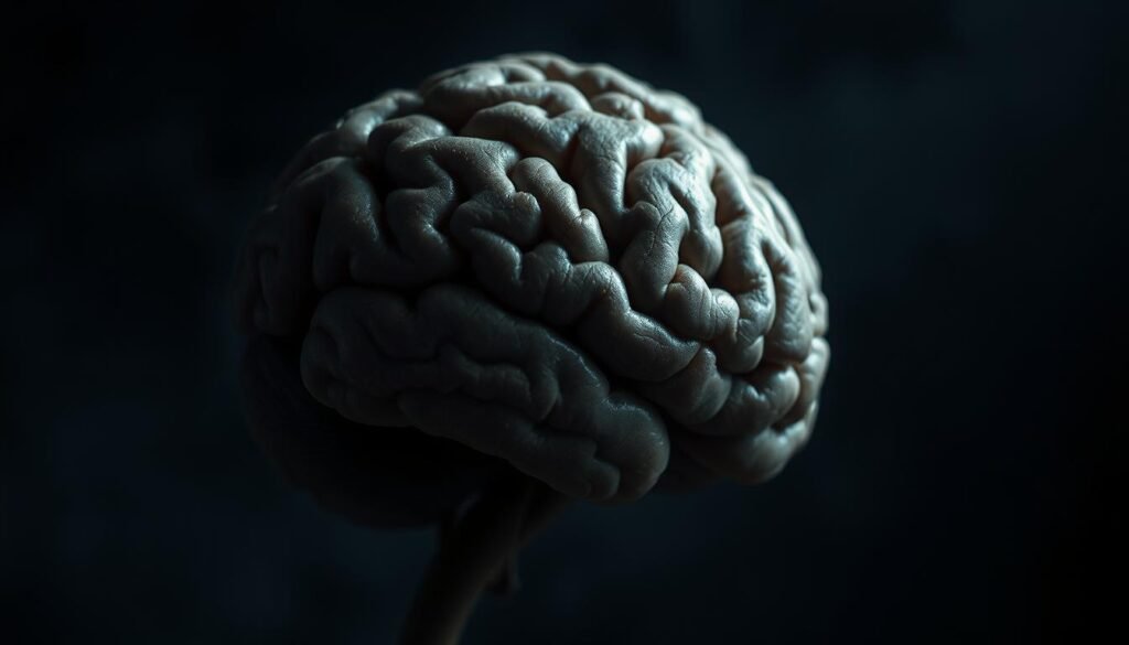 A brain undergoing cognitive decline, its once vibrant neural connections fading and shrinking. A moody, muted color palette evokes a pensive, introspective atmosphere. Soft, hazy lighting illuminates the delicate, shriveled cerebral matter, conveying a sense of mental depletion. The composition focuses on the diminishing brain, with a minimalist, almost abstract background to emphasize the subject. The viewer is drawn into a contemplative state, considering the subtle yet profound signs of cerebral atrophy.