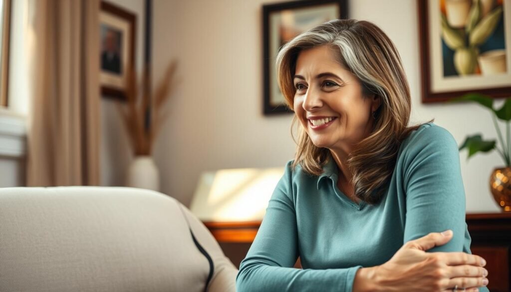 A caring and empathetic woman, Dr. Jo Furlan, sits in her office, her expression one of deep understanding and compassion. She leans forward, her gaze focused intently on her patient, creating an atmosphere of trust and support. Soft, natural lighting filters in through the window, casting a warm glow on the scene. The treatment room is tastefully decorated, with calming colors and soothing artwork, reflecting Dr. Furlan's holistic approach to addressing food addiction. Her body language and the gentle smile on her face convey a sense of expertise, warmth, and the belief that with the right guidance, healing is possible.