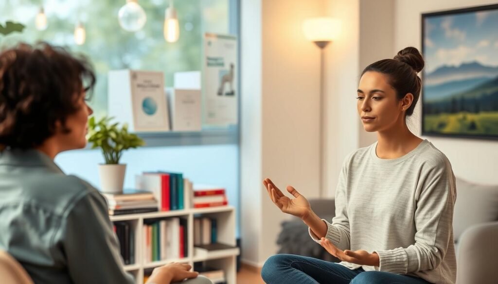 A clinical interior with warm lighting and a calming atmosphere. In the foreground, a therapist guides a patient through a mindfulness exercise, their expressions focused and serene. The middle ground features an array of professional resources - books, educational materials, and personalized treatment plans. The background showcases a tranquil nature scene, symbolizing the restorative power of holistic healing. The overall composition conveys a sense of trust, care, and the collaborative journey towards managing compulsive eating behaviors.