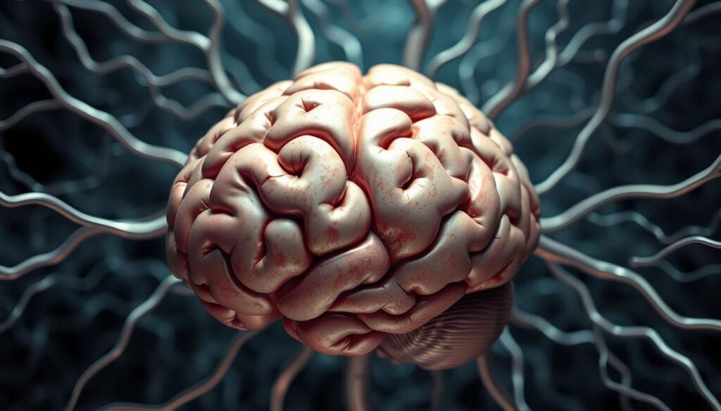 A close-up, high-resolution image of a human brain surrounded by stylized, swirling neural connections and pathways. The brain is prominently featured in the foreground, rendered in intricate detail with a glossy, realistic texture. The neural connections radiate outward, creating a mesmerizing and dynamic background. The lighting is soft and diffuse, creating a sense of depth and dimension. The overall tone is one of scientific curiosity and the power of the mind, reflecting the concept of "Neurociência e Emagrecimento" (Neuroscience and Weight Loss).