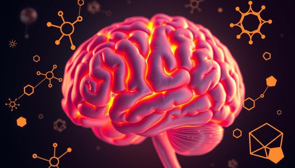 A close-up view of a human brain in vibrant, realistic detail, illuminated by soft, warm lighting. The brain is surrounded by stylized, abstract elements representing the complex relationship between neuroscience and weight management, such as stylized neurons, chemical pathways, and geometric shapes. The composition emphasizes the interconnectedness of the brain's functions and their impact on weight regulation, creating a visually striking and thought-provoking image that captures the essence of the article's subject matter.