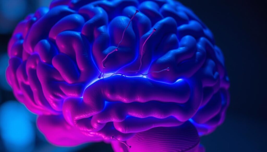 A close-up view of a human brain, its synapses and neural pathways illuminated in shades of blue and purple. The brain appears to be in a state of transformation, with circuits rearranging and new connections forming. The background is blurred, drawing the viewer's focus to the dynamic, almost pulsing activity within the brain. Soft, directional lighting casts dramatic shadows, creating a sense of depth and dimensionality. The overall mood is one of cerebral adaptability, change, and the power of neuroplasticity.