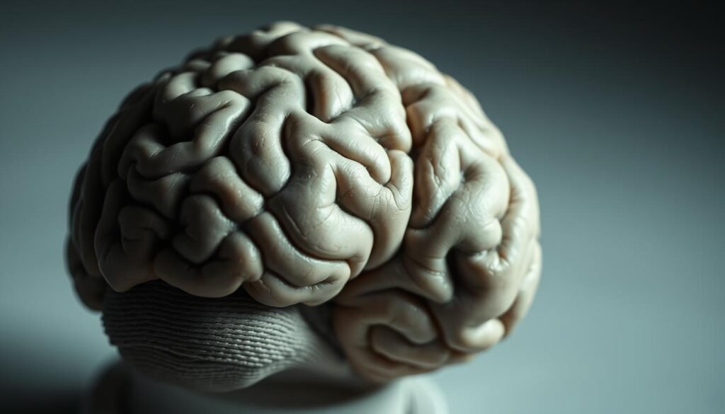 A close-up view of a human brain with a shrinking, diminishing appearance, conveying the concept of "brain reduction" or "cerebral weight loss". The brain is depicted in shades of gray and white, with a subdued, muted color palette to suggest a sense of decline. The background is slightly blurred, placing the focus on the central subject. Soft, directional lighting from the side casts gentle shadows, adding depth and dimension to the brain's diminishing form. The overall mood is pensive, contemplative, and slightly unsettling, inviting the viewer to consider the implications of this cerebral shrinkage.