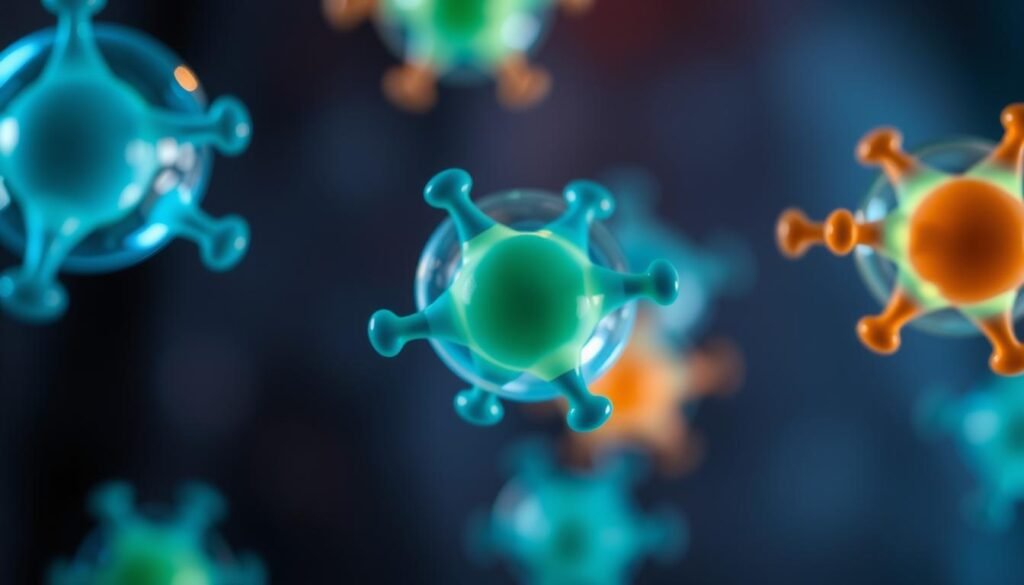 A close-up view of several hormones against a blurred scientific backdrop. The hormones are represented as glowing, translucent spheres in various colors, such as blue, green, and orange, floating in a dimly lit, hazy environment. The lighting is soft and diffuse, creating a sense of depth and atmosphere. The composition emphasizes the hormones' importance and their influence on the process of weight loss, aligning with the article's subject and section title.