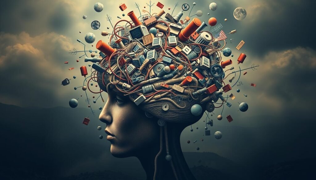 A cluttered, overloaded brain surrounded by chaotic mental energy. In the foreground, a human head rendered in a surreal, abstract style, with neural pathways and synapses overflowing, suggesting an overwhelming cognitive load. The middle ground features a turbulent, swirling vortex of thought bubbles, ideas, and emotions, all competing for attention. In the background, a hazy, muted landscape symbolizes the mental exhaustion and lack of focus. Dramatic lighting casts deep shadows, creating a sense of heaviness and strain. The overall mood is one of mental obesity, where the mind is overburdened and struggling to maintain clarity and balance.