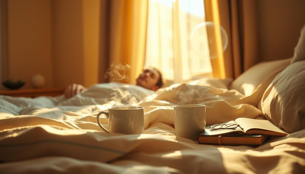 A cozy bedroom scene bathed in warm, golden light streaming through sheer curtains. In the foreground, a plush, inviting bed with soft, cloud-like bedding. Wisps of steam rise from a steaming mug of tea on the nightstand, alongside a book and pair of reading glasses. In the middle ground, a peaceful, serene figure resting peacefully, their face relaxed and expression calm. The background reveals a calming, minimalist decor with neutral tones and natural textures, creating a soothing, restful atmosphere. The overall mood is one of deep, restorative sleep and mental rejuvenation.