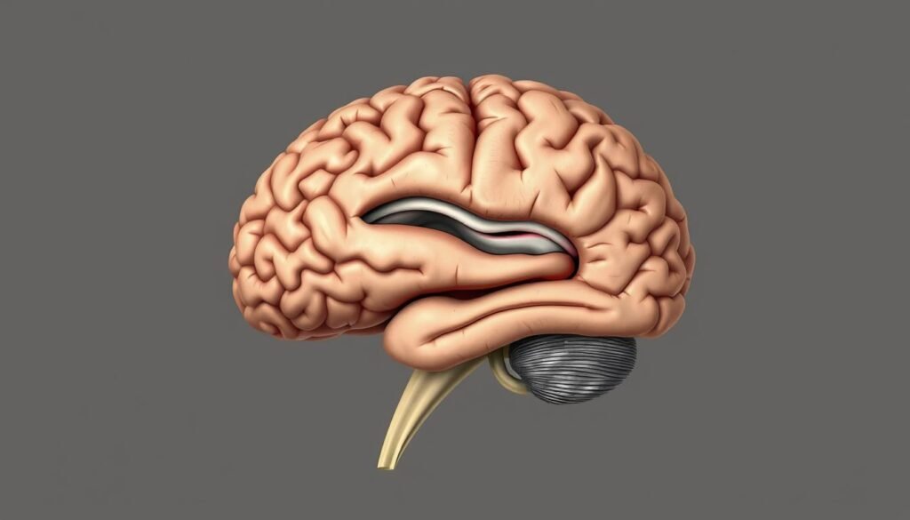 A cross-section of a human brain, captured in a detailed anatomical illustration. The cerebral cortex appears enlarged, distorted, and discolored, conveying a sense of "cerebral obesity". The surrounding structures are rendered with clinical precision, using a muted color palette that emphasizes the pathological nature of the condition. Subtle shadows and highlights accentuate the three-dimensional form, while a neutral background keeps the focus on the subject. The overall mood is one of scientific detachment, highlighting the medical implications of this neurological abnormality.