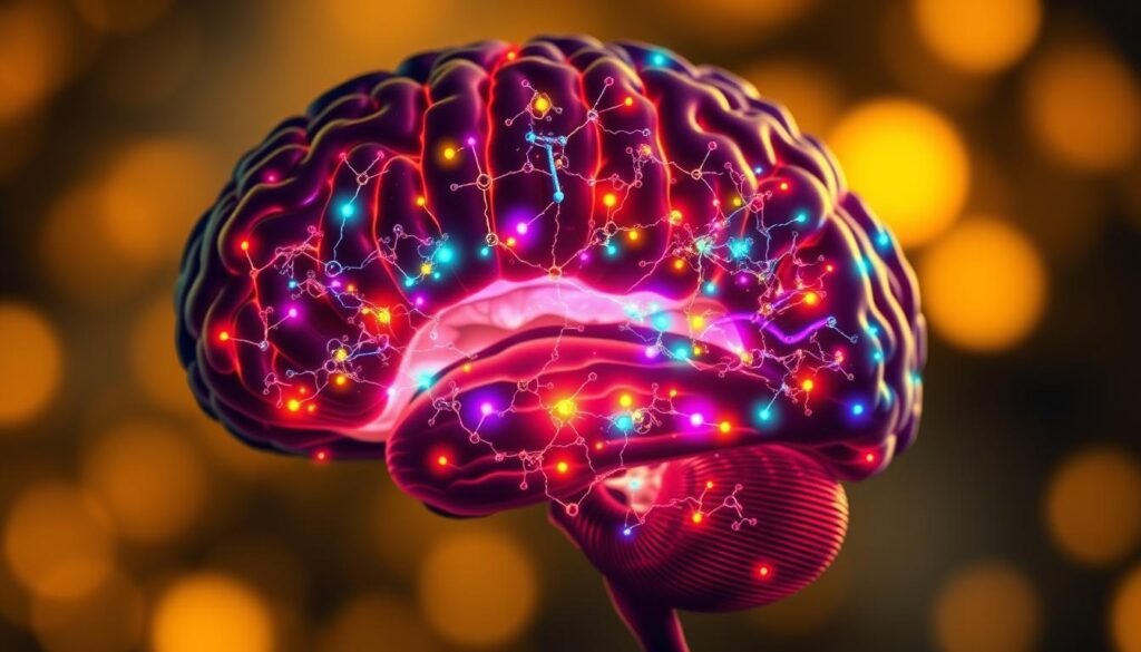 A cross-section of the human brain, showcasing the intricate network of neurotransmitters in vibrant colors. Glowing synapses connect neural pathways, highlighting the complex biochemical processes that regulate mood, appetite, and cognitive function. The scene is bathed in a warm, golden light, creating a sense of depth and mystique. Detailed neuroanatomical structures emerge from a softly blurred background, emphasizing the significance of these tiny messengers in the grand symphony of the mind. The image conveys the delicate balance and interconnectedness of the neurobiological mechanisms underlying weight management.