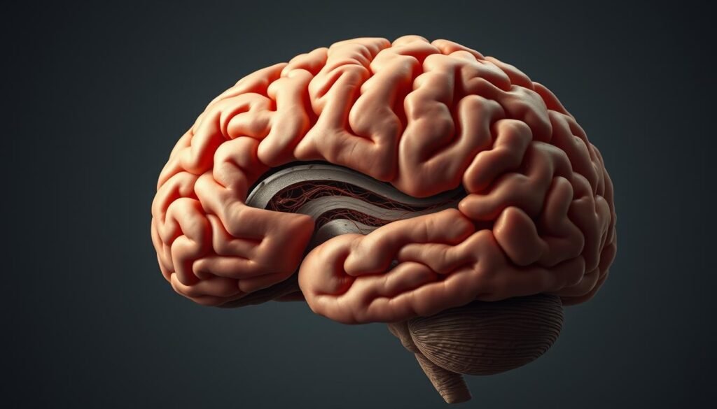A detailed, cross-sectional view of the human brain undergoing "emagrecimento cerebral" (brain atrophy). The foreground depicts a cutaway revealing the intricate structures and neural networks, with a focus on the prefrontal cortex and hippocampus. The middle ground showcases the overall shrinkage and loss of volume in the cerebral cortex and subcortical regions. The background is a muted, monochromatic palette, emphasizing the somber and introspective nature of the process. Crisp, high-resolution details with dramatic, directional lighting to accentuate the anatomical changes. Convey a sense of cognitive decline and neurodegeneration, yet with an air of scientific curiosity and understanding.