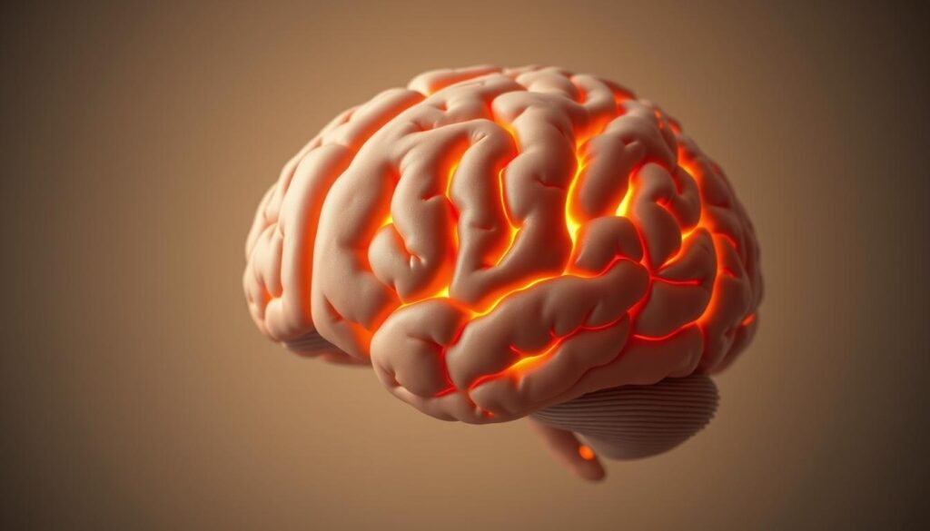 A healthy, vibrant human brain rendered in high detail. The frontal lobe is prominently featured, glowing with a warm, natural light that accentuates its intricate folds and neural networks. The cerebrum is depicted in a soothing, earthy color palette, exuding a sense of balance and wellness. The image is captured from a slightly elevated angle, allowing the viewer to appreciate the brain's three-dimensional structure and overall health. The background is a soft, blurred gradient, keeping the focus firmly on the central subject. The mood is one of serenity and scientific curiosity, inviting the viewer to contemplate the remarkable complexity and vitality of the human mind.