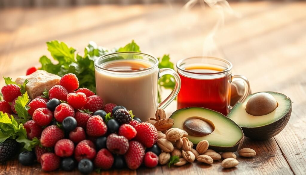 A nourishing still life, bathed in warm, natural light. In the foreground, an assortment of brain-boosting foods - vibrant berries, crisp greens, crunchy nuts, and creamy avocado. The middle ground showcases a steaming mug of herbal tea, wisps of steam drifting upwards. In the background, a wooden table, its rustic texture providing grounding. The overall scene exudes a sense of tranquility and mindfulness, inviting the viewer to savor the simple pleasures of nutritious, brain-enhancing sustenance.