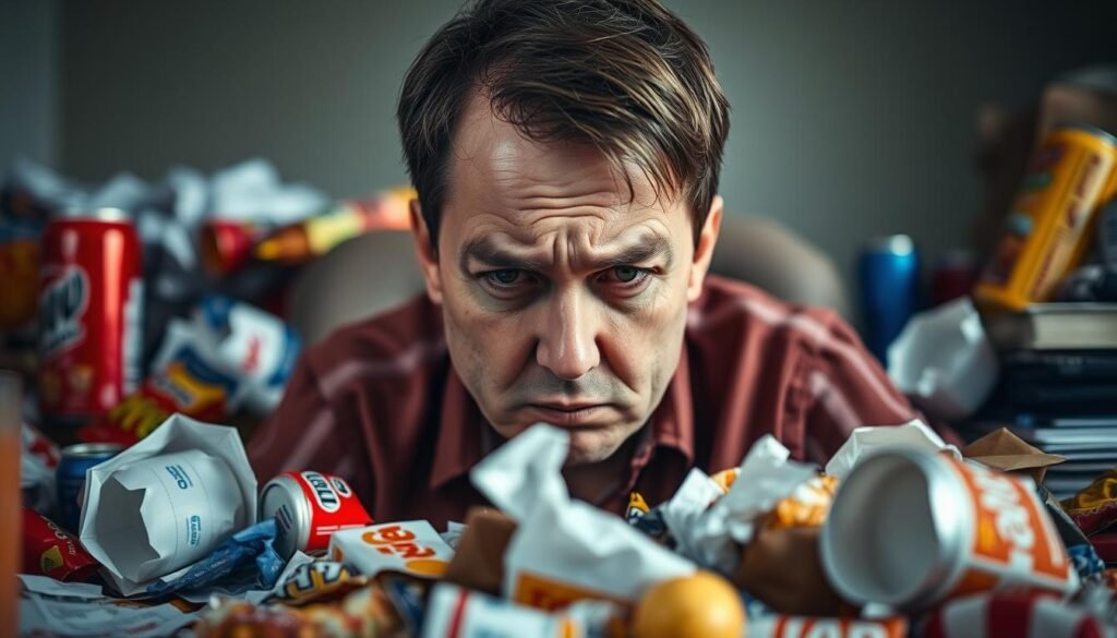 A person sitting at a cluttered desk, surrounded by various unhealthy snacks and sugary drinks, appearing distressed and overwhelmed. The foreground features a close-up of the person's face, their expression conveying a sense of compulsion and lack of control. The middle ground shows the desk piled high with empty food wrappers and containers, suggesting an ongoing struggle with overeating. The background is blurred, creating a sense of isolation and focus on the individual's internal experience. The lighting is soft and moody, casting shadows that emphasize the person's troubled expression. The overall atmosphere is one of a trapped, unhealthy relationship with food, reflecting the scientific understanding of food addiction.