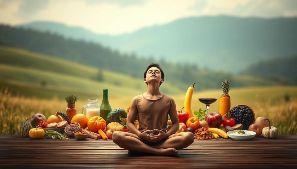 A serene and contemplative scene depicting the complex relationship between emotions and eating behaviors. In the foreground, a person sits cross-legged, eyes closed, deep in a meditative pose, symbolizing the importance of mindfulness and emotional regulation in healthy eating habits. The middle ground features an array of diverse, colorful foods, each item reflecting a different emotional state or psychological need. The background showcases a soothing, natural landscape with soft lighting and a calming atmosphere, conveying the idea of finding balance and harmony between the mind, body, and nourishment. The overall composition aims to visually capture the nuanced, multifaceted nature of "comportamentos alimentares" within the context of the brain's role in weight management.
