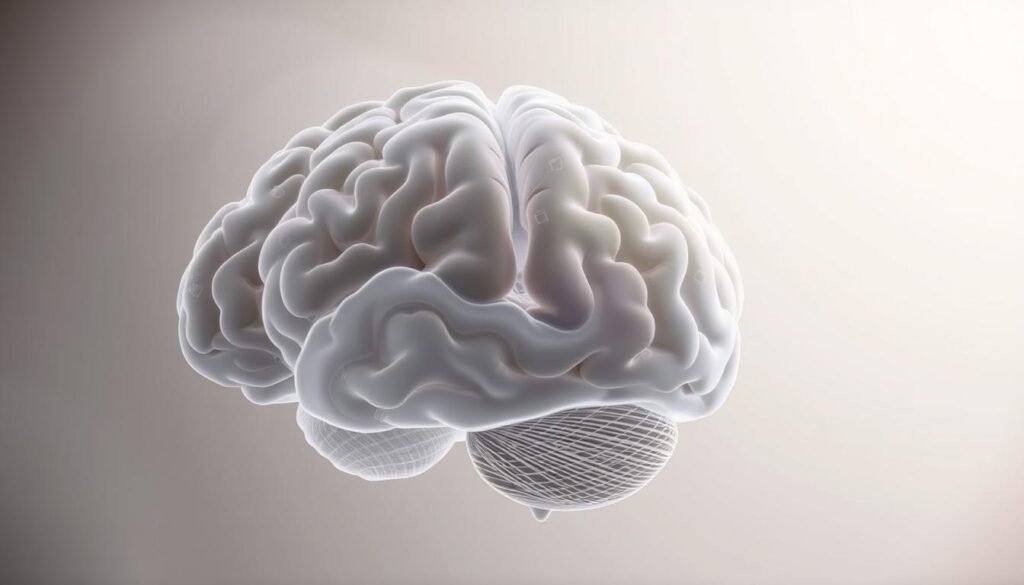 A serene, cross-sectional view of the human brain, with a subtle, diminished appearance signifying the concept of "cerebral thinning" or "brain shrinkage." The foreground showcases the intricate neural networks and cerebral structures, rendered in muted tones that evoke a sense of subdued activity. The middle ground features a translucent, ghostly outline of the brain, gradually fading away, symbolizing the process of "emagrecimento cerebral." The background is a soft, hazy gradient, creating a meditative, contemplative atmosphere that enhances the subject's introspective nature.