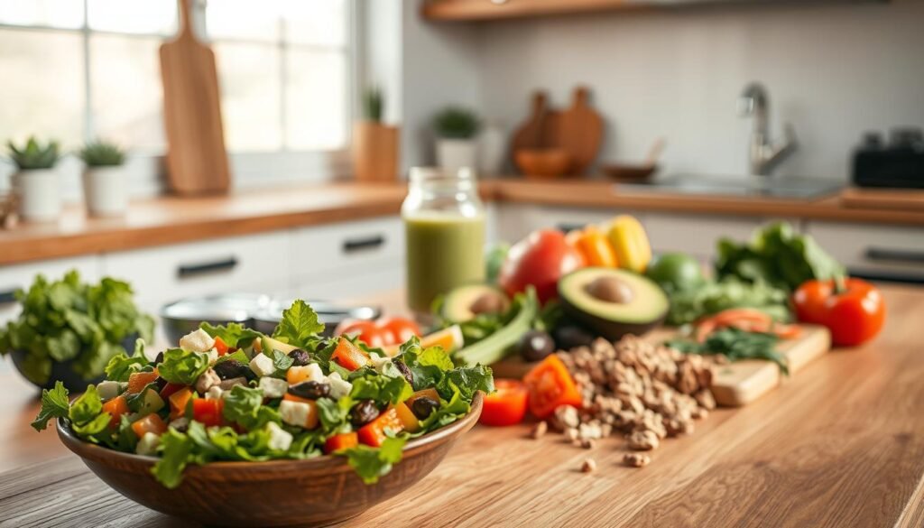 A serene kitchen scene with a variety of fresh, organic ingredients arranged thoughtfully on a wooden table. Soft, natural lighting casts a warm glow, emphasizing the vibrant colors and textures of the produce. In the foreground, a bowl of vibrant salad greens, complemented by a variety of chopped vegetables, nuts, and herbs. In the middle ground, a glass jar filled with a healthy smoothie or juice, alongside a cutting board with a freshly sliced avocado. The background features a minimalist, clean-lined kitchen with simple, natural-toned decor, conveying a sense of balance and mindfulness. The overall atmosphere evokes a feeling of nourishment, well-being, and a conscious approach to food.