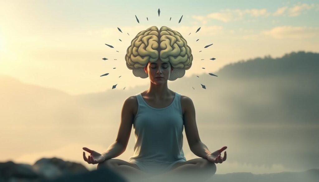 A serene mental landscape, with a central figure embodying the concept of "emagrecimento mental". In the foreground, a person in a meditative pose, their expression calm and tranquil, surrounded by a soft, ethereal light. In the middle ground, a minimalist, abstract representation of the brain, appearing to "shed" layers, symbolizing the process of mental decluttering. The background is a serene, calming environment, perhaps a tranquil forest or a serene body of water, conveying a sense of peace and clarity. The overall atmosphere is one of introspection, rejuvenation, and the shedding of mental burdens.