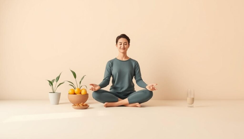 A serene, minimalist scene depicting strategies for regulating dopamine levels. In the foreground, a person sits cross-legged in a peaceful meditation pose, their expression calm and focused. Surrounding them, an array of natural elements - a potted plant, a bowl of fruit, a glass of water - symbolizing healthy lifestyle choices. The middle ground features a subdued color palette of earthy tones, creating a sense of balance and tranquility. In the background, abstract shapes and lines suggest the neural pathways and chemical processes involved in dopamine regulation. Soft, diffused lighting casts a warm, introspective glow over the entire scene, inviting the viewer to consider the mind-body connection in managing emotional and behavioral impulses.