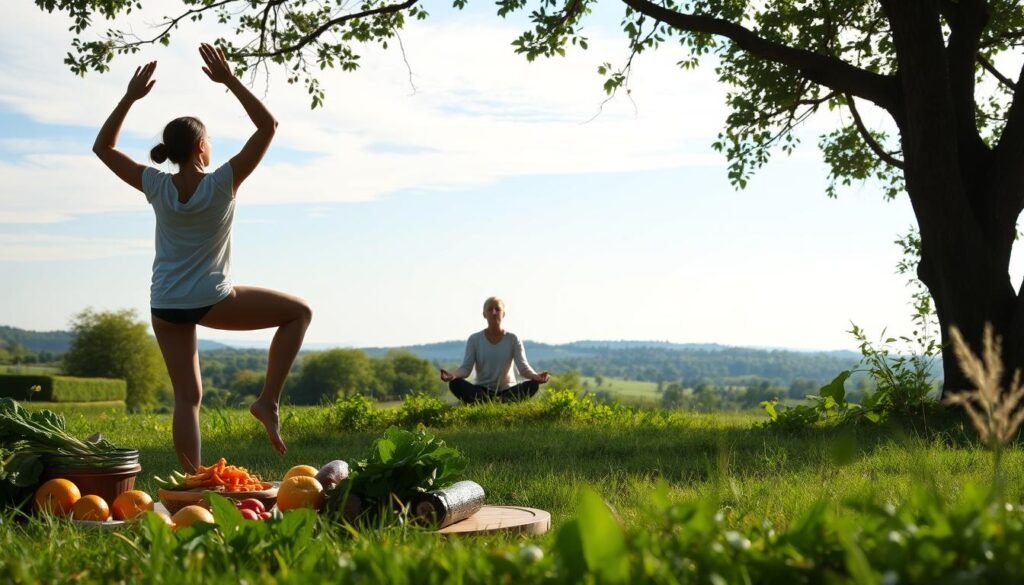 A serene, natural setting with a person performing various daily habits that contribute to weight loss. In the foreground, a person is shown doing light exercises like yoga or stretching, surrounded by healthy food options like fresh fruits and vegetables. In the middle ground, the person is meditating or practicing mindfulness, conveying the importance of mental focus. In the background, a calming landscape with lush greenery and a clear sky, suggesting a tranquil, rejuvenating atmosphere. The lighting is soft and natural, capturing the peaceful essence of the scene. The overall mood is one of balance, discipline, and a holistic approach to weight management through daily routines that nourish the mind and body.