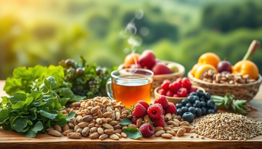 A serene still life showcasing a variety of brain-boosting foods artfully arranged on a natural wooden table. In the foreground, a selection of fresh greens, berries, nuts, and whole grains. In the middle ground, a steaming mug of herbal tea and a bowl of colorful fruits. The background features a blurred landscape of lush greenery, hinting at the connection between nourishing the body and nourishing the mind. Soft, warm lighting casts a gentle glow, creating an atmosphere of tranquility and wholesome goodness. The composition emphasizes the harmony between the vibrant colors and textures of the healthy ingredients, inviting the viewer to savor the benefits of mindful, brain-healthy eating.