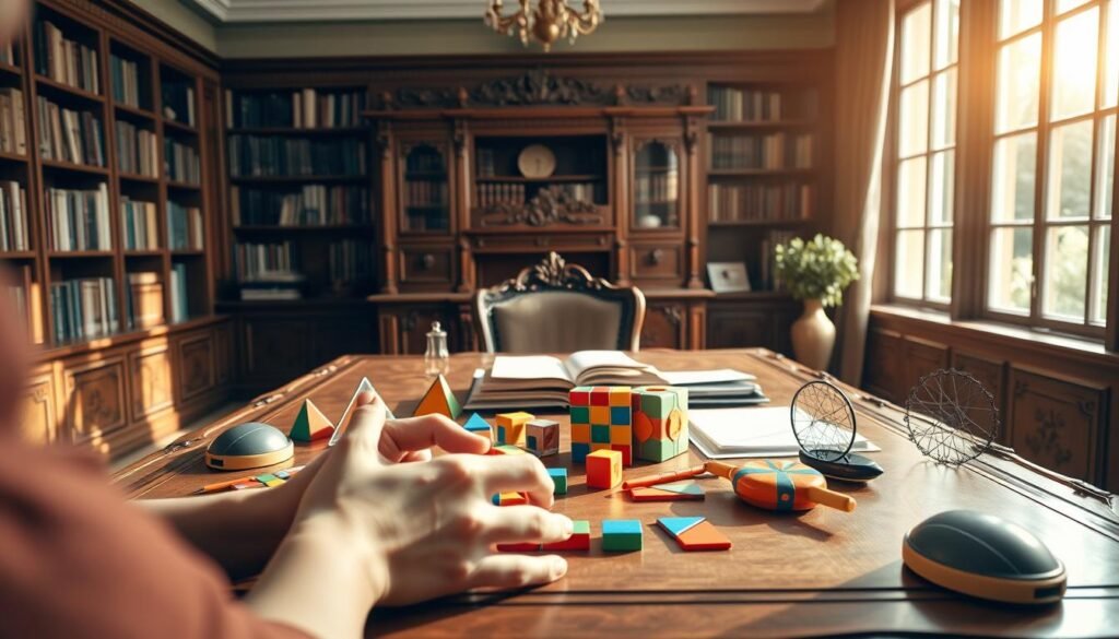 A serene study room with an ornate wooden desk and bookshelves lining the walls. On the desk, an array of brain exercise tools and puzzles - geometric blocks, tangram pieces, a Rubik's cube, and a handheld brain teaser. Soft, natural lighting filters in through large windows, casting a warm, focused glow over the scene. In the foreground, a person's hands are engaged with manipulating the brain exercises, their face not visible. The overall atmosphere conveys a sense of mental stimulation and cognitive engagement.