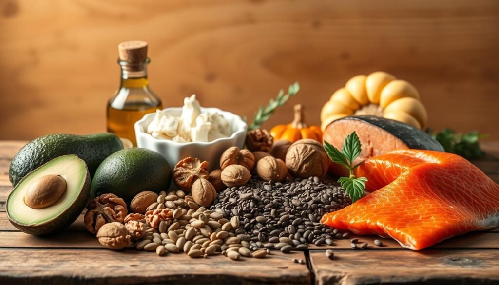 A still life of assorted healthy fats arranged on a rustic wooden table, bathed in warm, natural lighting. In the foreground, a selection of avocados, olive oil, walnuts, and omega-3-rich fish like salmon. In the middle ground, a scattering of seeds like chia, flax, and pumpkin. The background features a minimalist, earthy backdrop, emphasizing the importance of these nutrient-dense, brain-boosting "good" fats.