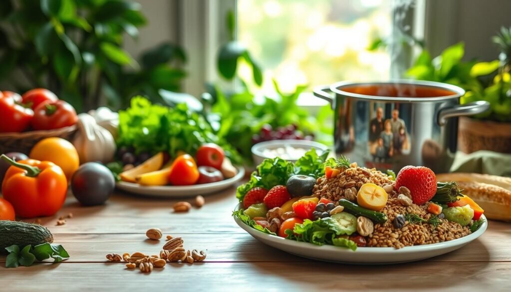 A vibrant, balanced meal of colorful, nutrient-dense foods arranged on a light wooden table. In the foreground, a plate featuring an array of fresh vegetables, fruits, nuts, and whole grains. The middle ground showcases a simmering pot of hearty soup or stew, steam gently rising. In the background, a lush, verdant scene with leafy plants and natural light filtering through a window, creating a warm, inviting atmosphere. The lighting is soft and diffused, highlighting the textures and colors of the healthy ingredients. The overall composition conveys a sense of nourishment, wellness, and the connection between a wholesome diet and optimal brain function.